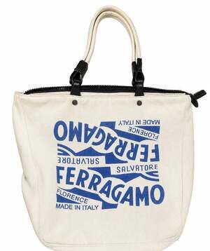 Salvatore Ferragamo Canvas Logo Tote Bag Italy Large Zip Top Ivory Blue Leather